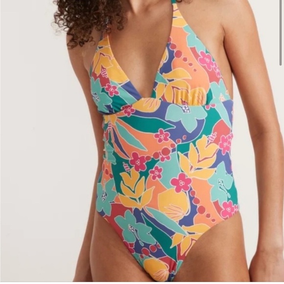 MARINE LAYER Plunge One Piece Swimsuit in Yellow Hibiscus Floral Size Small NWT - Picture 9 of 10